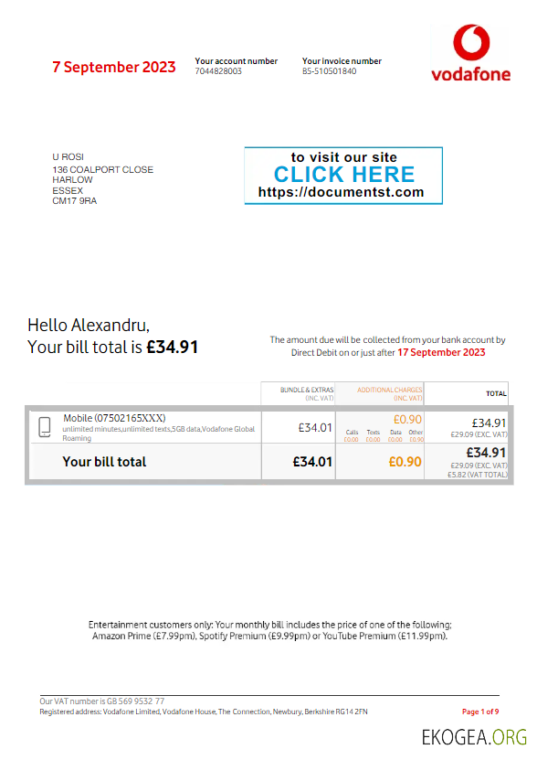 UNITED KINGDOM VODAFONE utility bill Word and PDF template, version 3